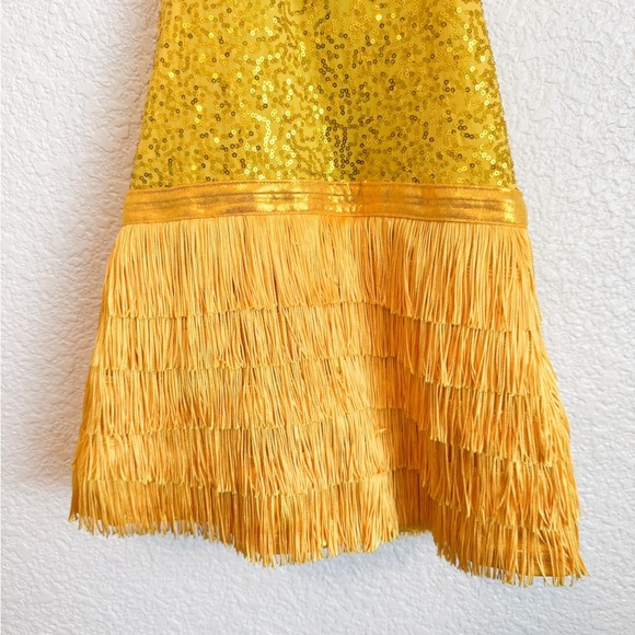 Yellow Sequins Dance Costumes with Fringe Details, leotard Size S - Picture 6 of 8